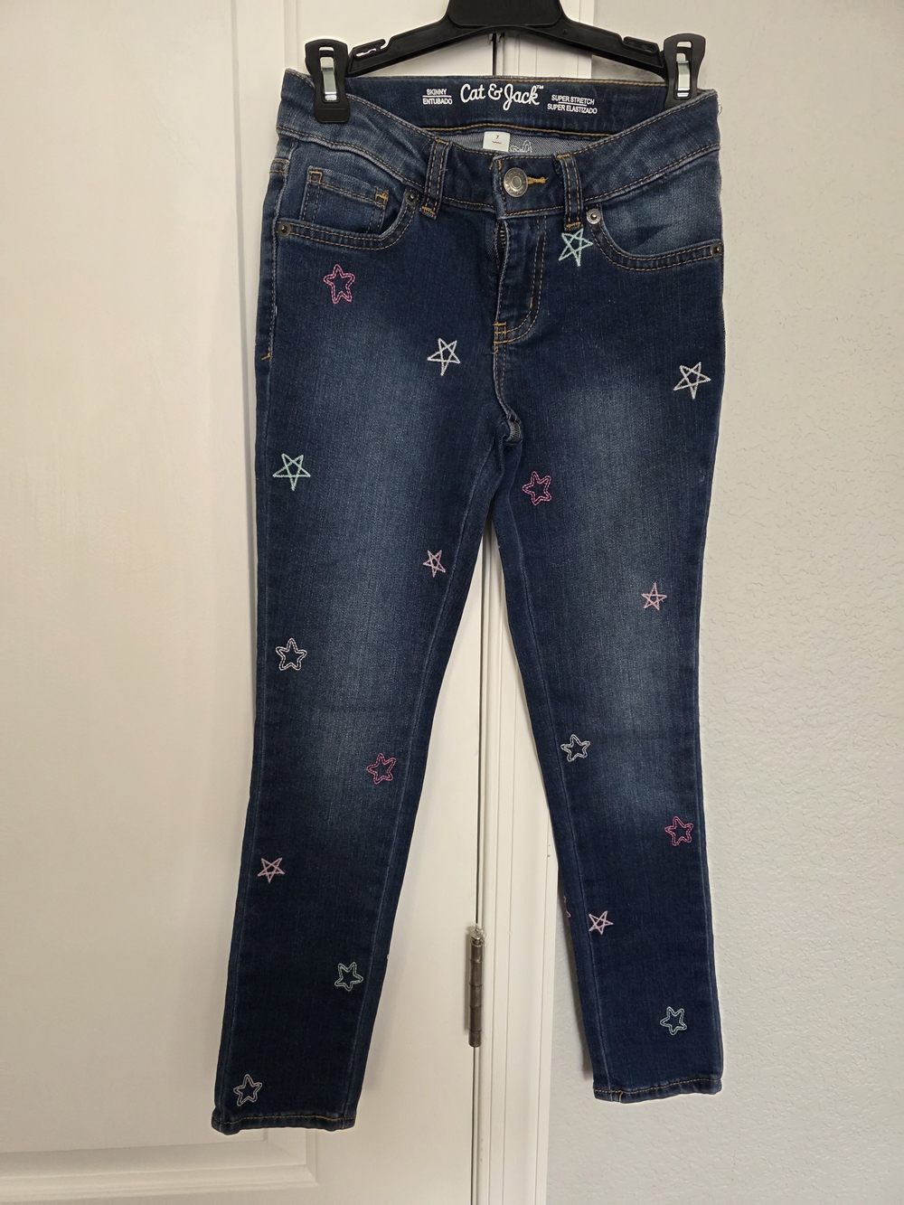 Cat & Jack Girls' Dark Blue Skinny Jeans with Multicolor Star Stitching
